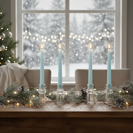 Battery powered flickering light blue candles for the holidays - Infinity Wick LED design in pastel blue 4-pack, with remote control and timer, paired with our Millie clear glass candle holders