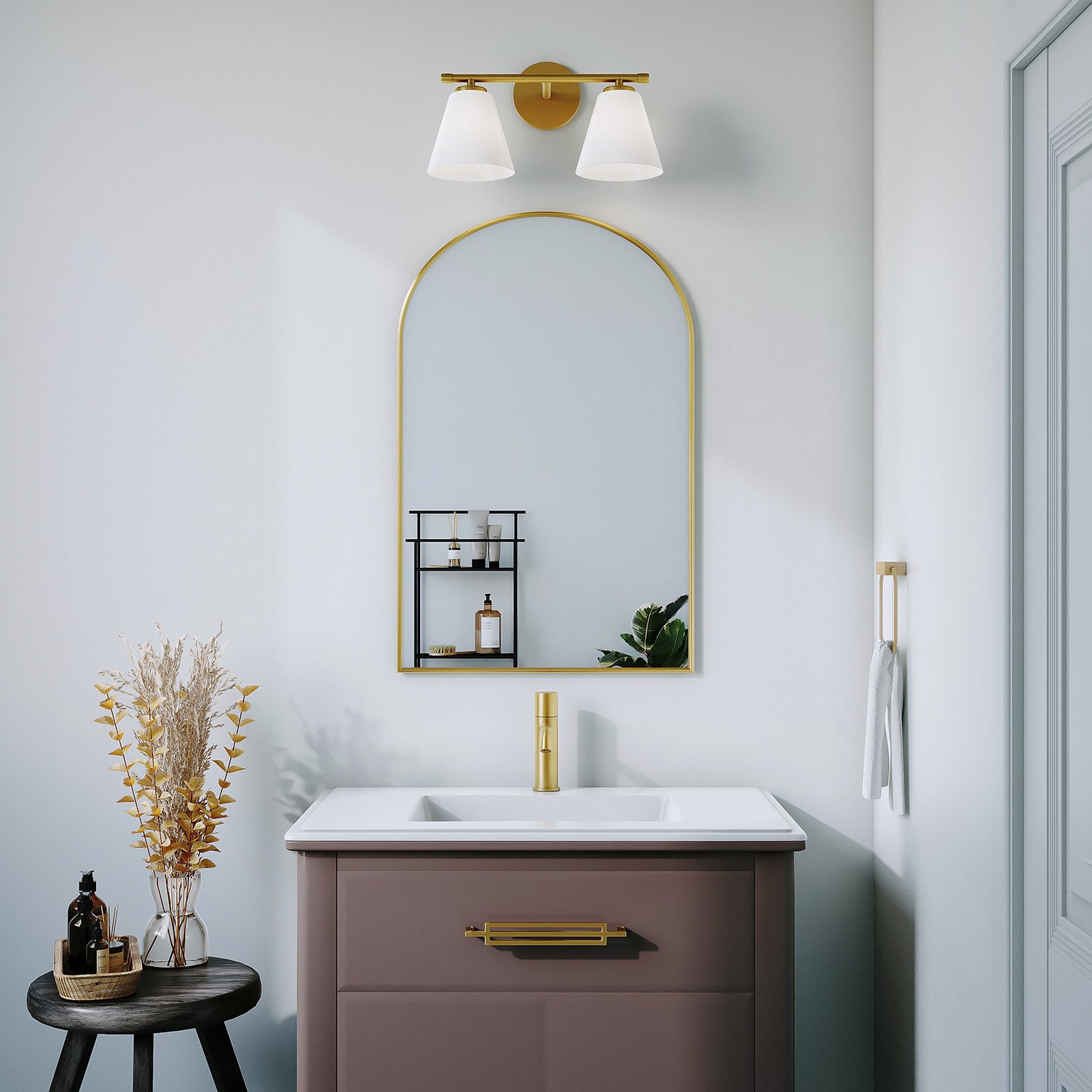 Carlisle 2 Light Vanity Wall Light, Brushed Brass with Opal Glass