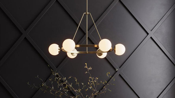 Castell 6 globe round chandelier in aged brass