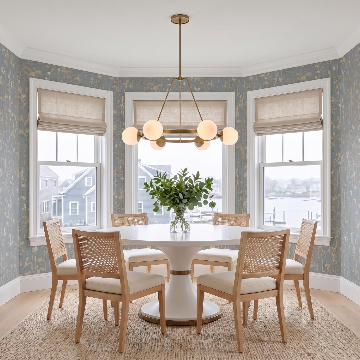 A coastal dining room featuring the Castell 6 Globe Round Chandelier 36 in Aged Brass over a white pedestal table with woven rattan chairs and blue wallpaper.