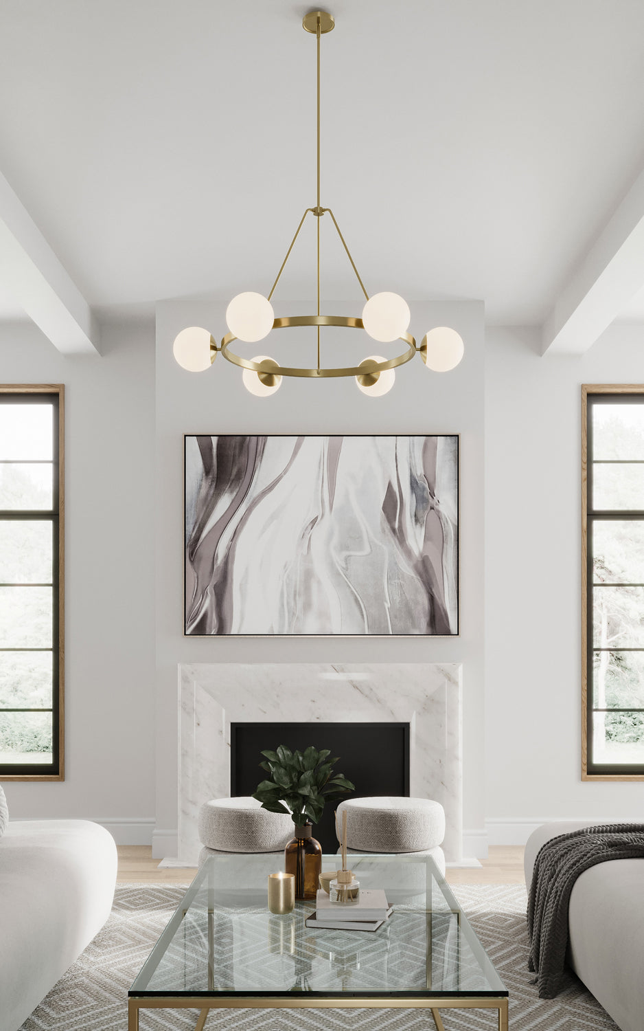 Castell 6 Globe 36" Round LED Chandelier, in Aged Brass with white opal glass is hung in a contemporary living room with white walls and modern art. 