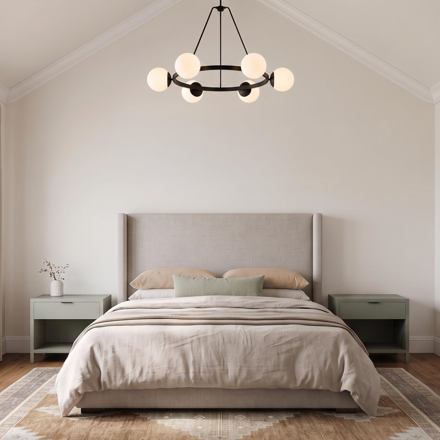 A modern bedroom featuring the Castell 6 Globe Round Chandelier 36