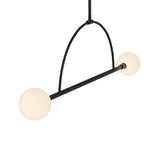 Milo 2 Globe Linear Arc LED Pendant, Matte Black with white opal glass, three quarter view close-up