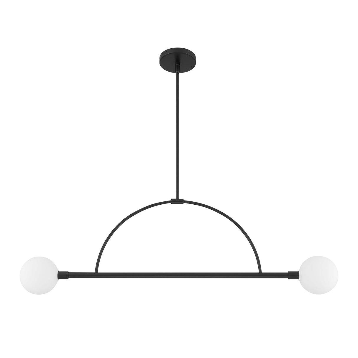 Milo 2 Globe Linear Arc LED Pendant, Matte Black with white opal glass, alternate view lights off