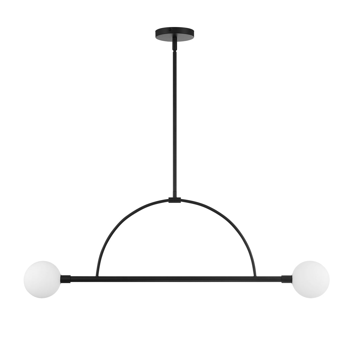 Milo 2 Globe Linear Arc LED Pendant, Matte Black with white opal glass, front view lights off