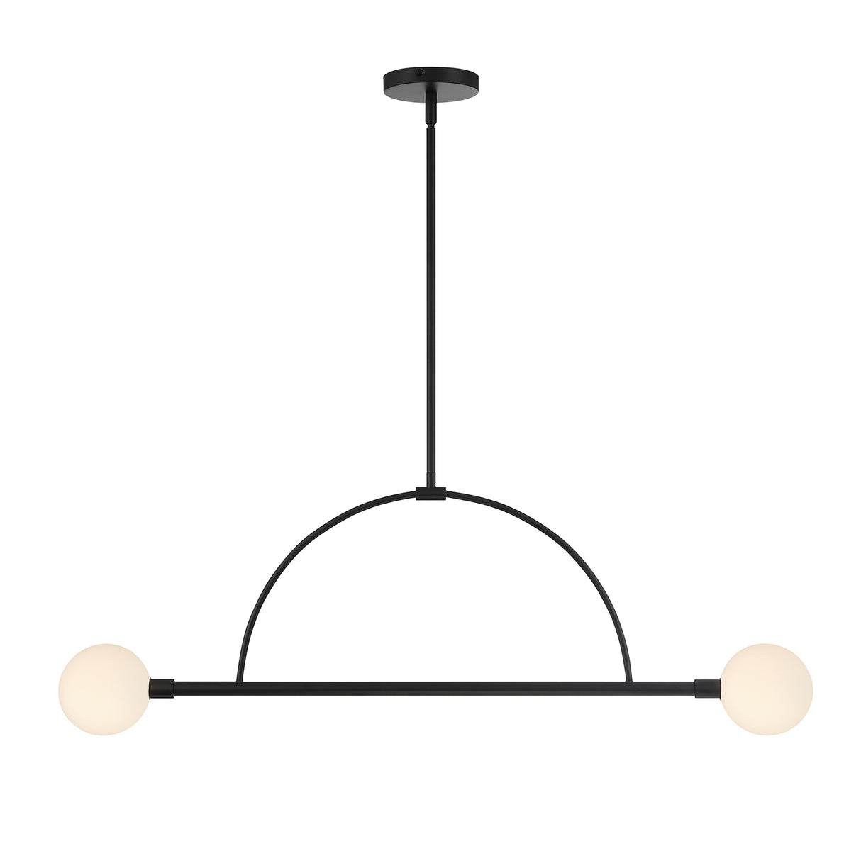 Milo 2 Globe Linear Arc LED Pendant, Matte Black with white opal glass, front view