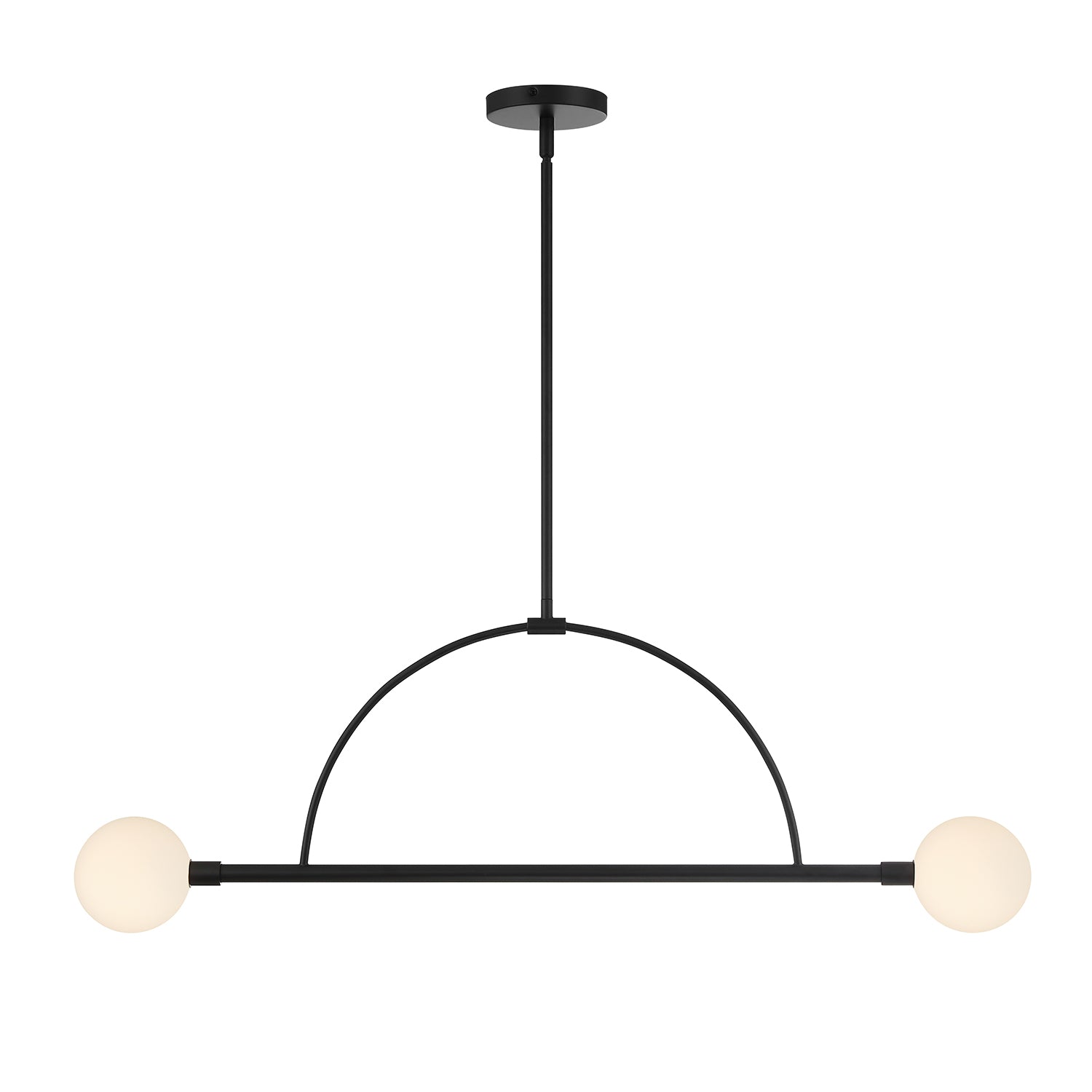 Milo 2 Globe Linear Arc LED Pendant, Matte Black with white opal glass, front view