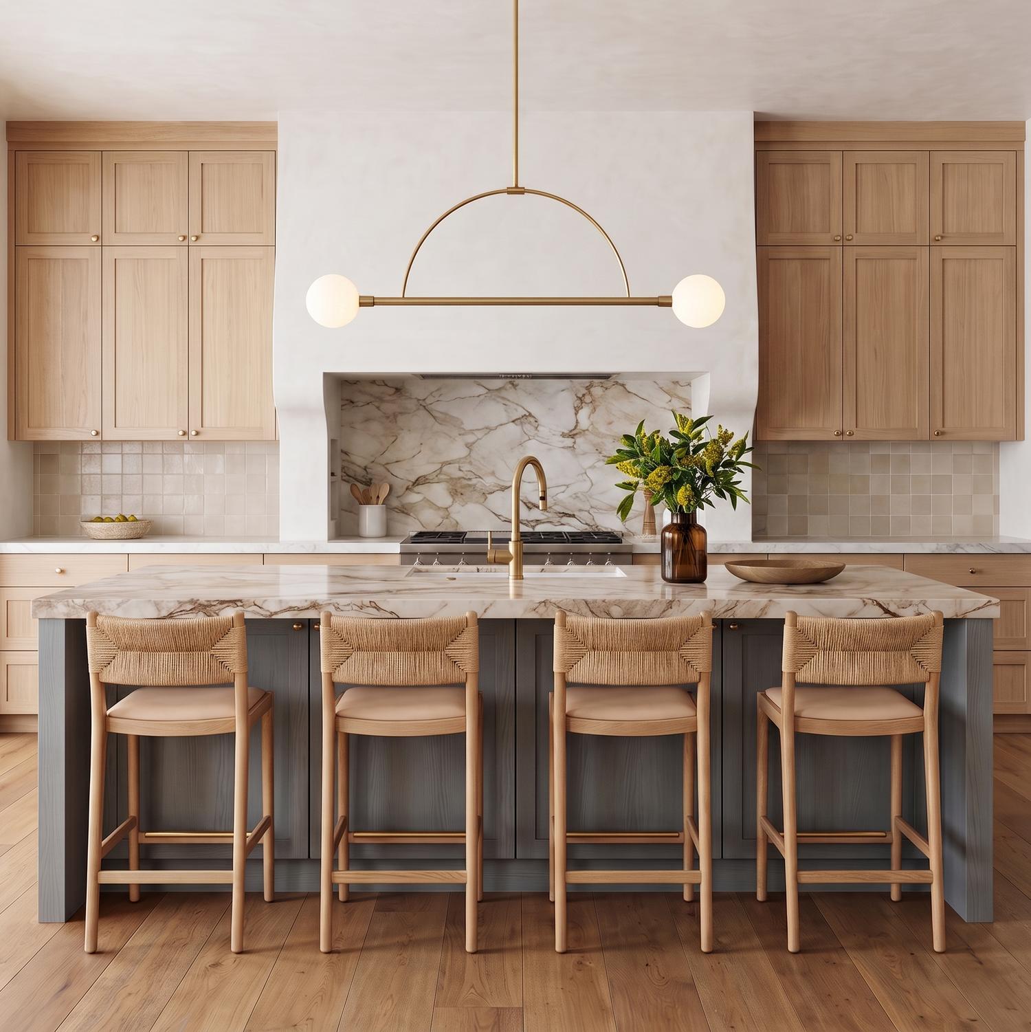 A modern kitchen featuring the aged brass Milo 2 Globe Linear Arc Pendant over a marble island with woven wood stools and shaker cabinetry.
