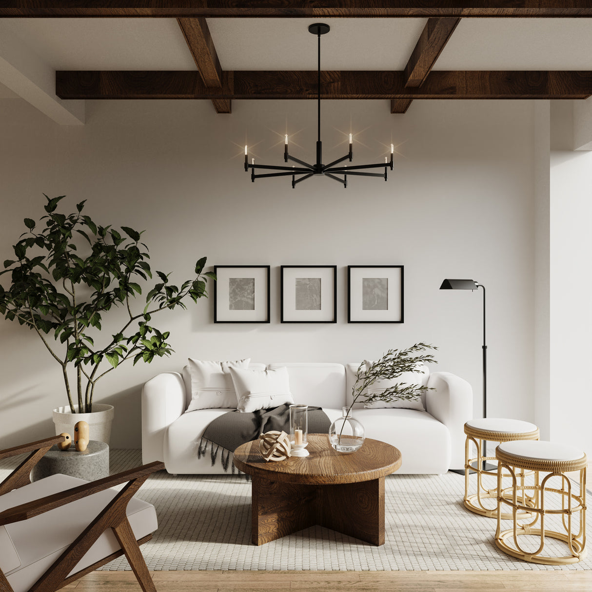 Carson 8 Light 36" Modern Chandelier, Matte Black, shown in a white living room with wooden ceiling beams, a white sofa, and organic modern decor