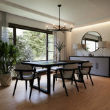 Carson 8 Light 36" Modern Chandelier, Matte Black, hung above a long black modern dining table with eight chairs