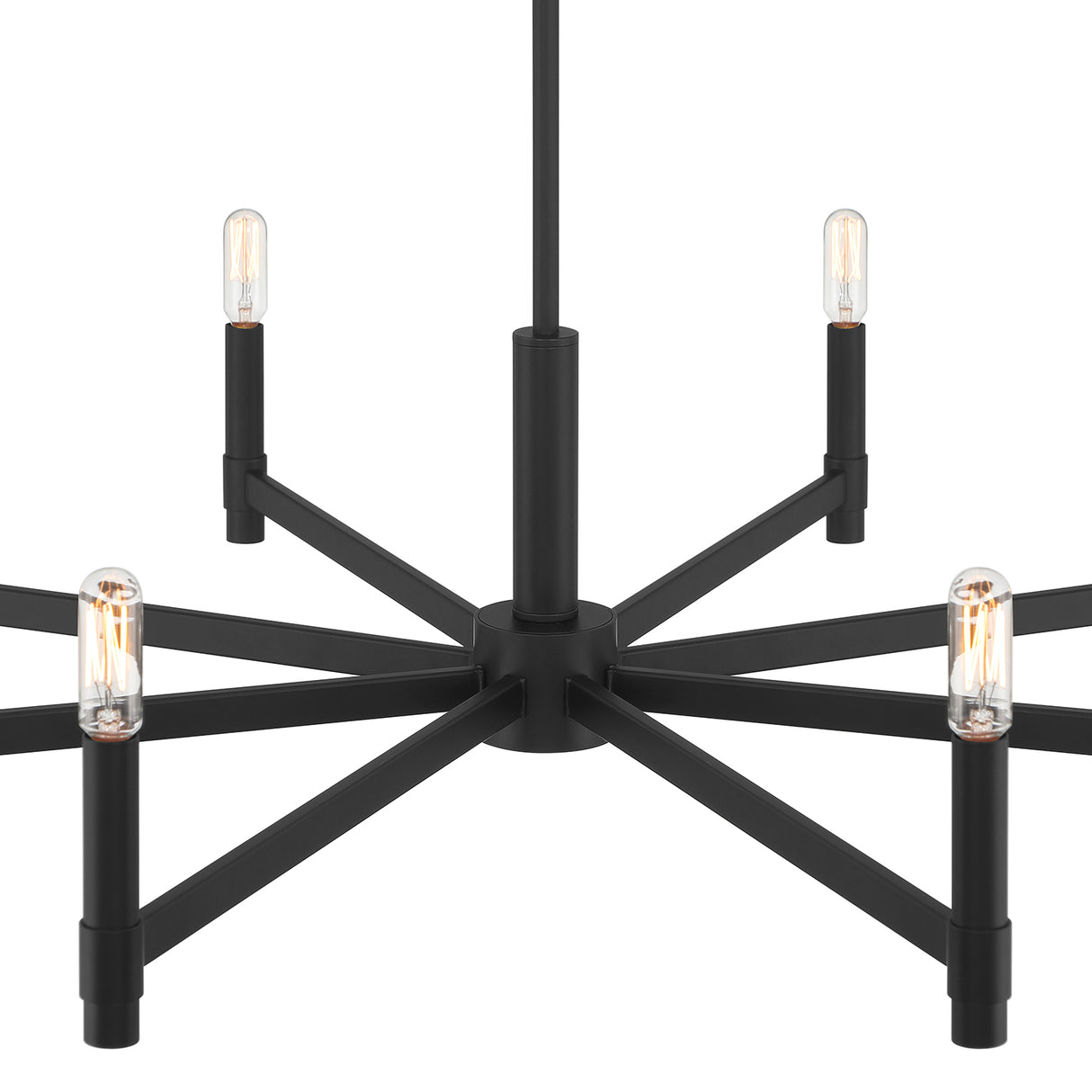 Carson 8 Light 36" Modern Chandelier, Matte Black, close-up detail of center hub and eight arms