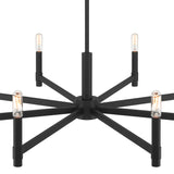 Carson 8 Light 36" Modern Chandelier, Matte Black, close-up detail of center hub and eight arms