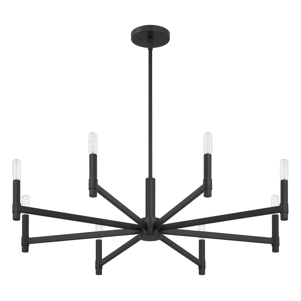 Carson 8 Light 36" Modern Chandelier, Matte Black, from below with bulbs off