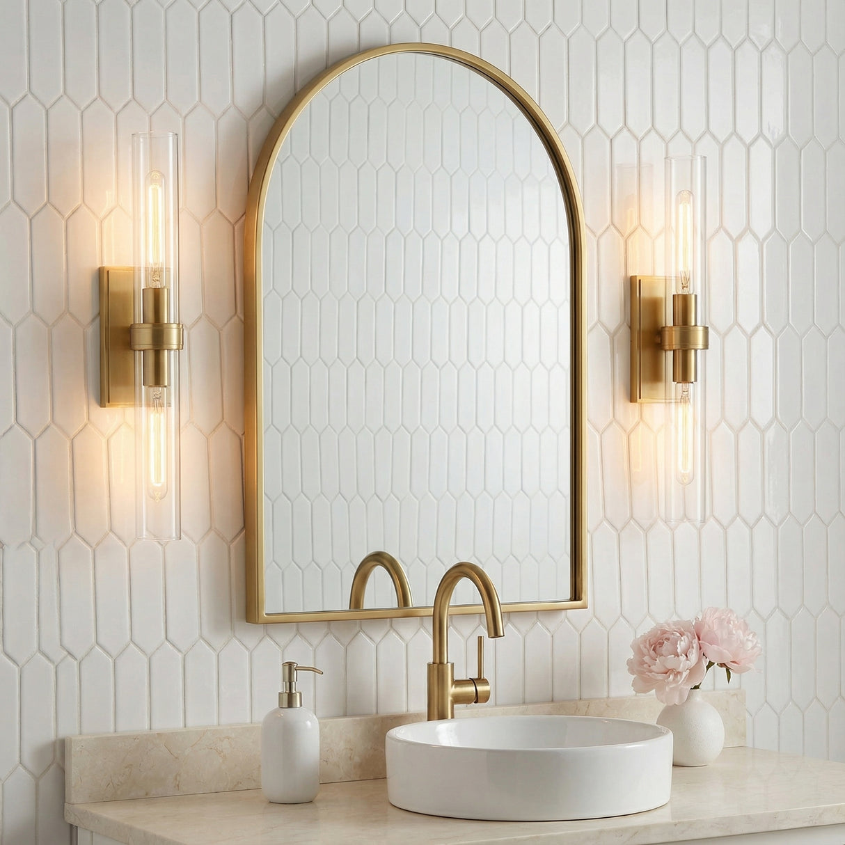 Sutton 2 Light 21" Wall Sconce, Satin Brass for Modern or Transitional home with White Tile Walls and brass accessories