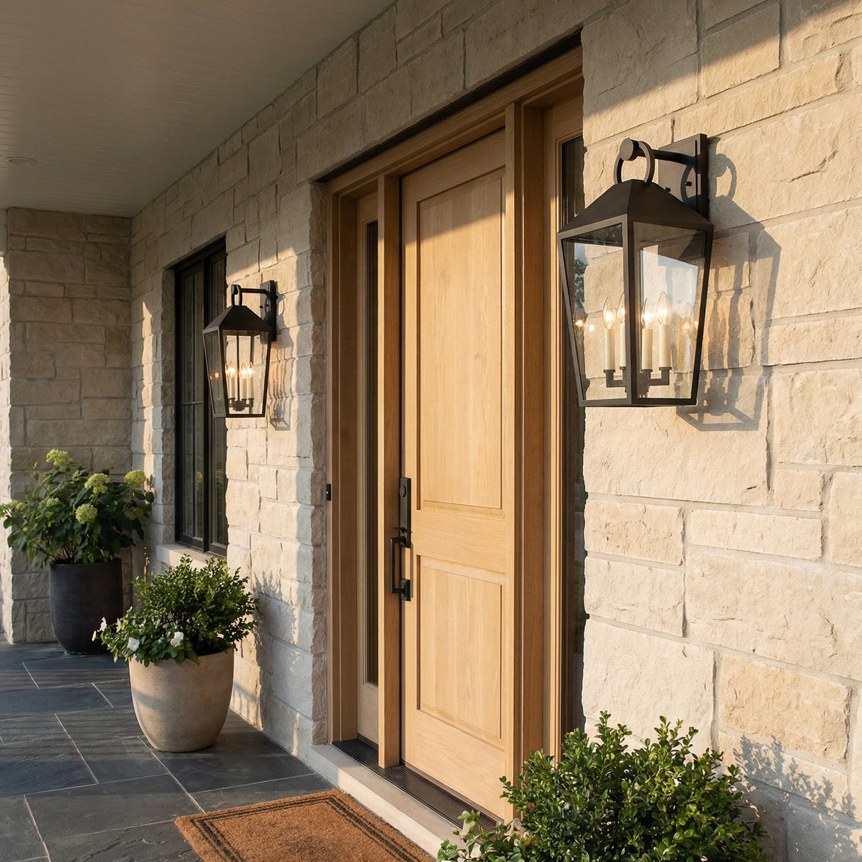 Cole Outdoor Wall Light, Large 21.5" Black geometric Outdoor Wall in a Transitional Outdoor with natural wood door and light stone wall.