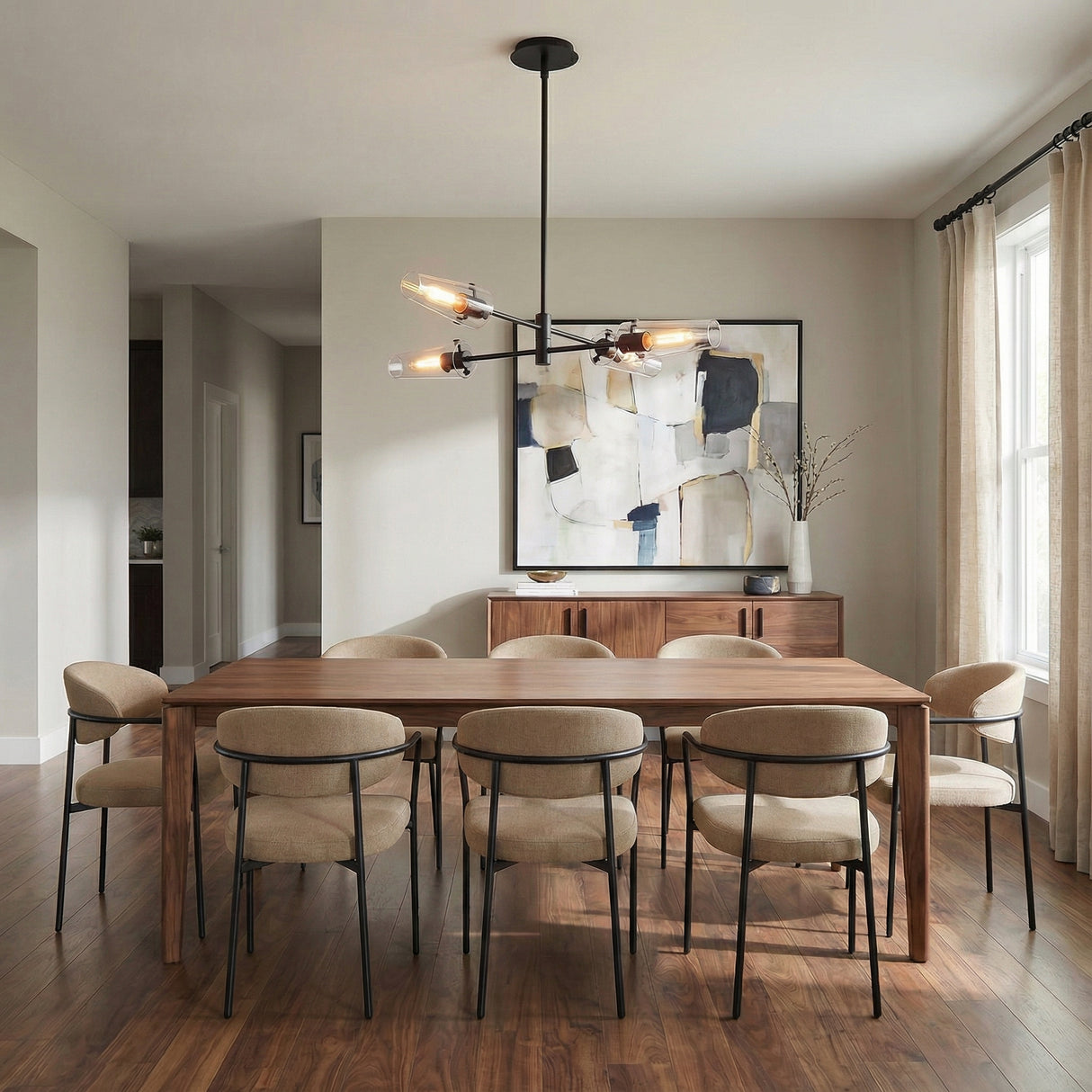 Mason 4 Light Chandelier 32", Matte Black geometric Chandelier in a Contemporary Dining Room with a walnut table & neutral chairs.
