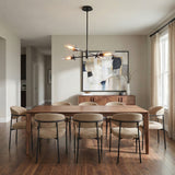 Mason 4 Light Chandelier 32", Matte Black geometric Chandelier in a Contemporary Dining Room with a walnut table & neutral chairs.