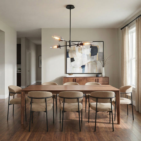 Mason 4 Light Chandelier 32", Matte Black geometric Chandelier in a Contemporary Dining Room with a walnut table & neutral chairs.