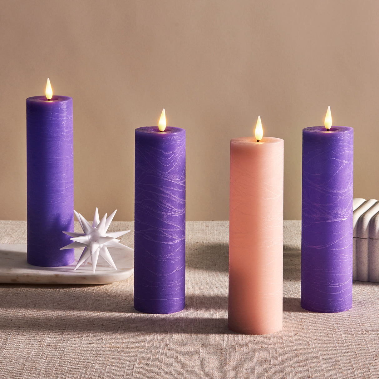 Infinity Wick Advent 7" Distressed Slim Pillar Candles, Set of 4