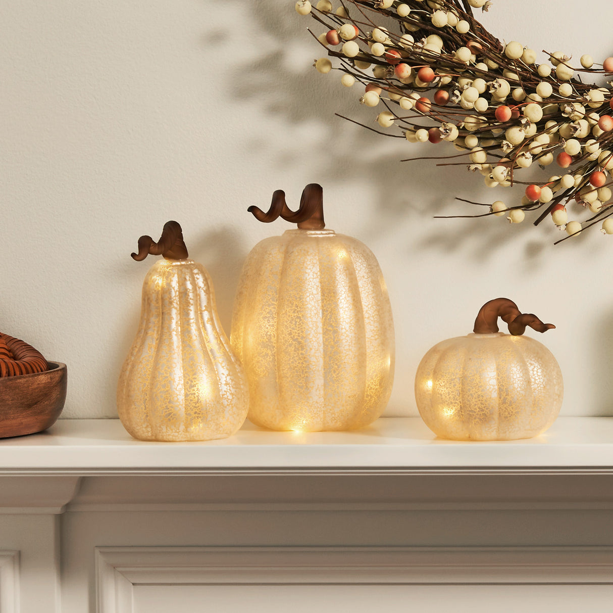 White LED Pumpkins with Mercury Glass Finish, Set of 3