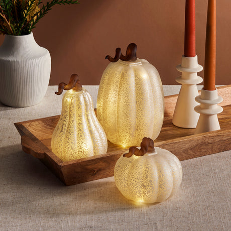 White LED Pumpkins with Mercury Glass Finish, Set of 3