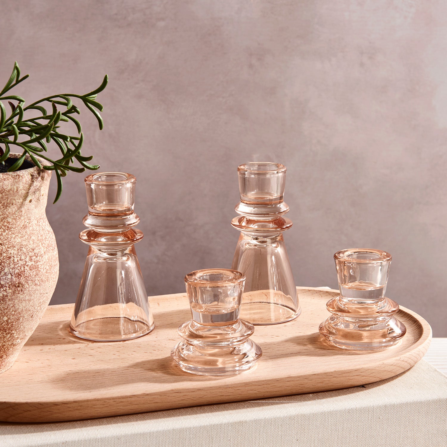 Millie Glass Taper Candle Holders, Set of 4, Blush