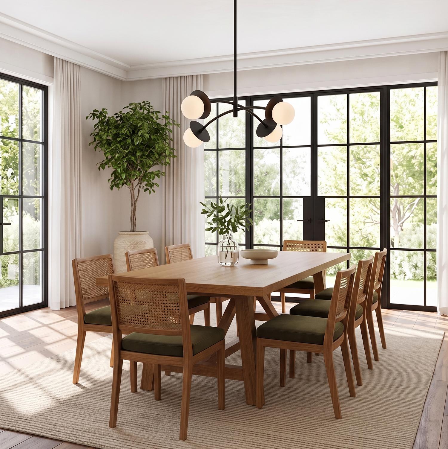 A contemporary dining room with the Levi 4 Globe Chandelier 26