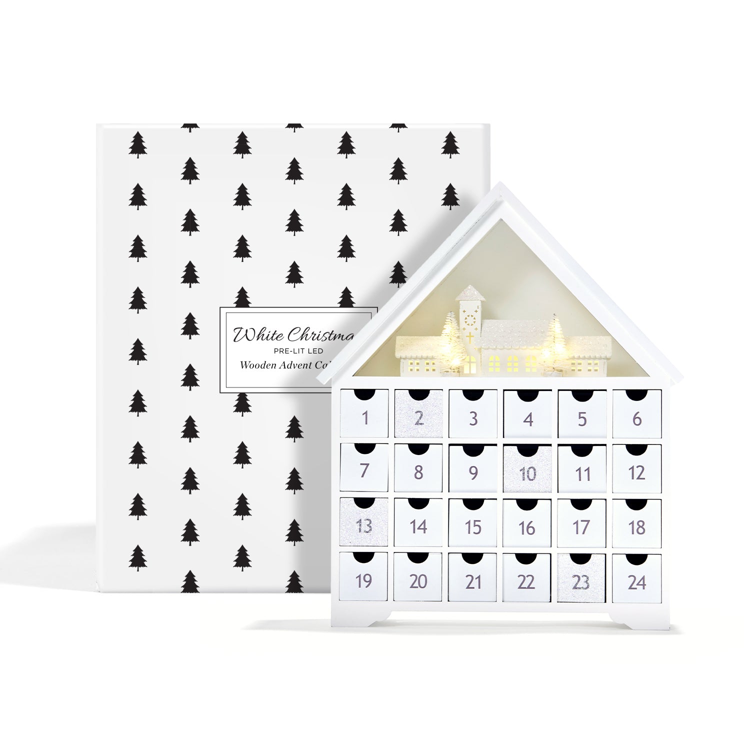 White Christmas Pre-Lit LED Advent Calendar with Drawers