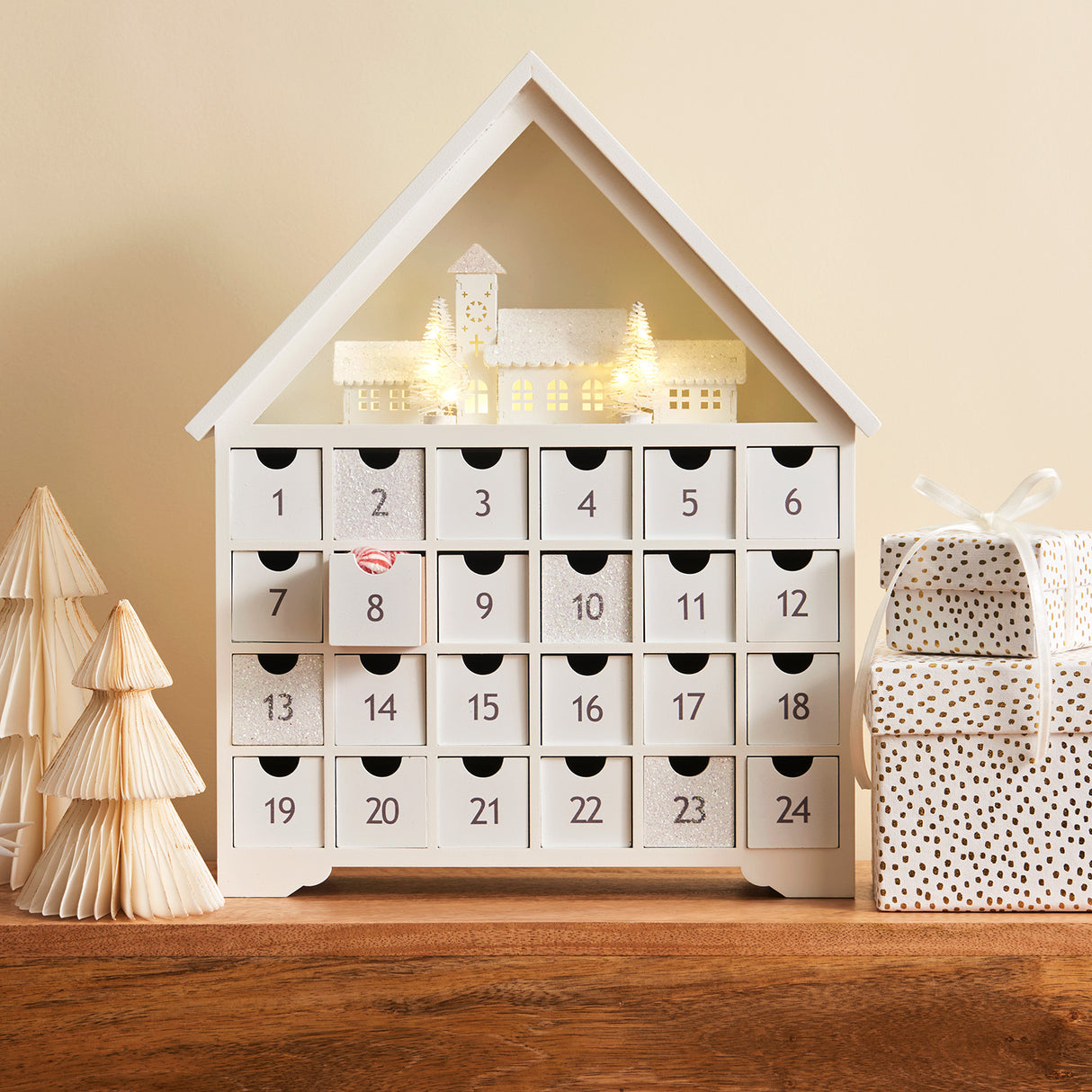 White Christmas Pre-Lit LED Advent Calendar with Drawers