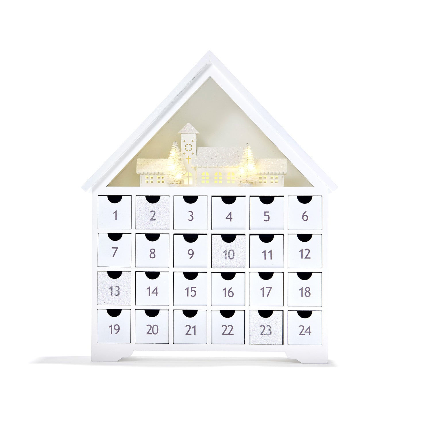 White Christmas Pre-Lit LED Advent Calendar with Drawers