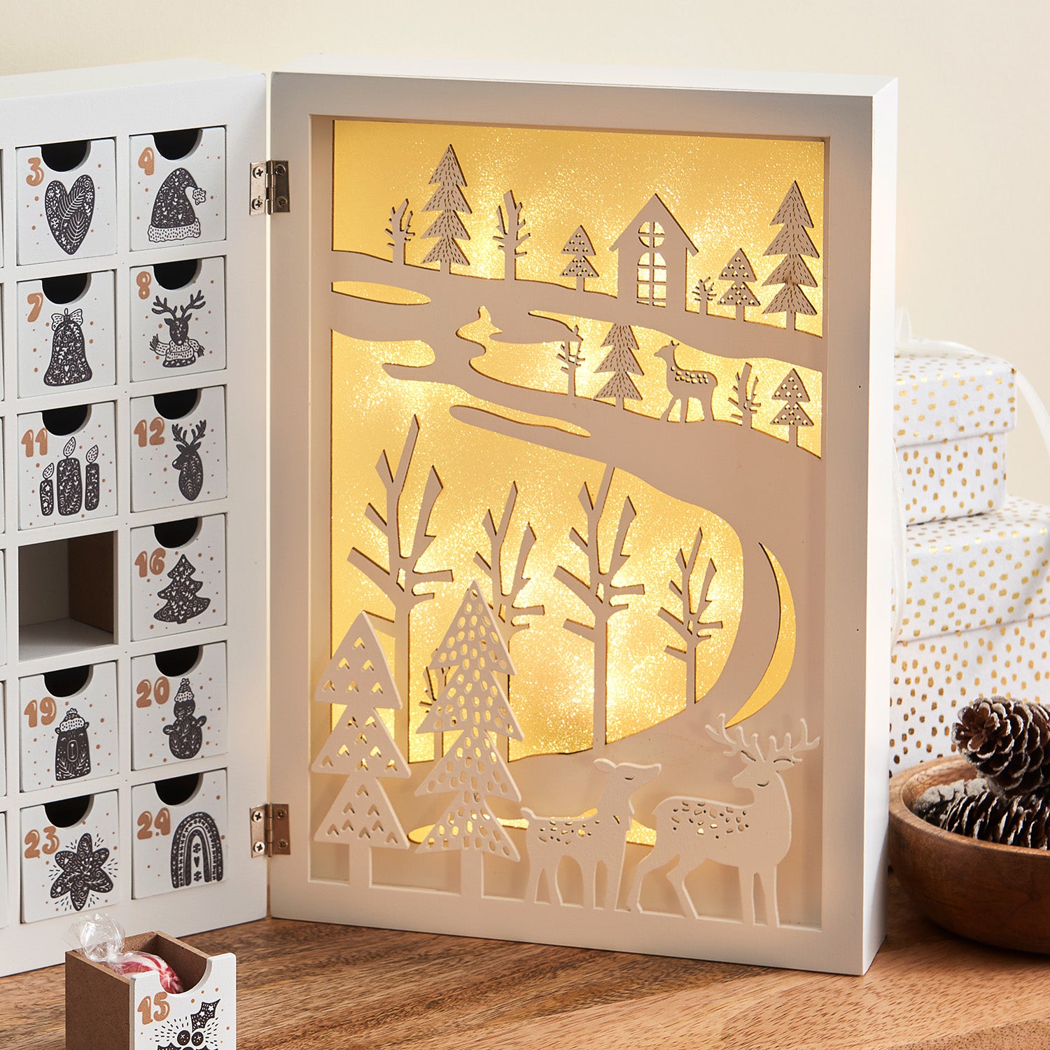 Winter Wonderland Pre-Lit LED Fold Out Wooden Advent Calendar with Drawers