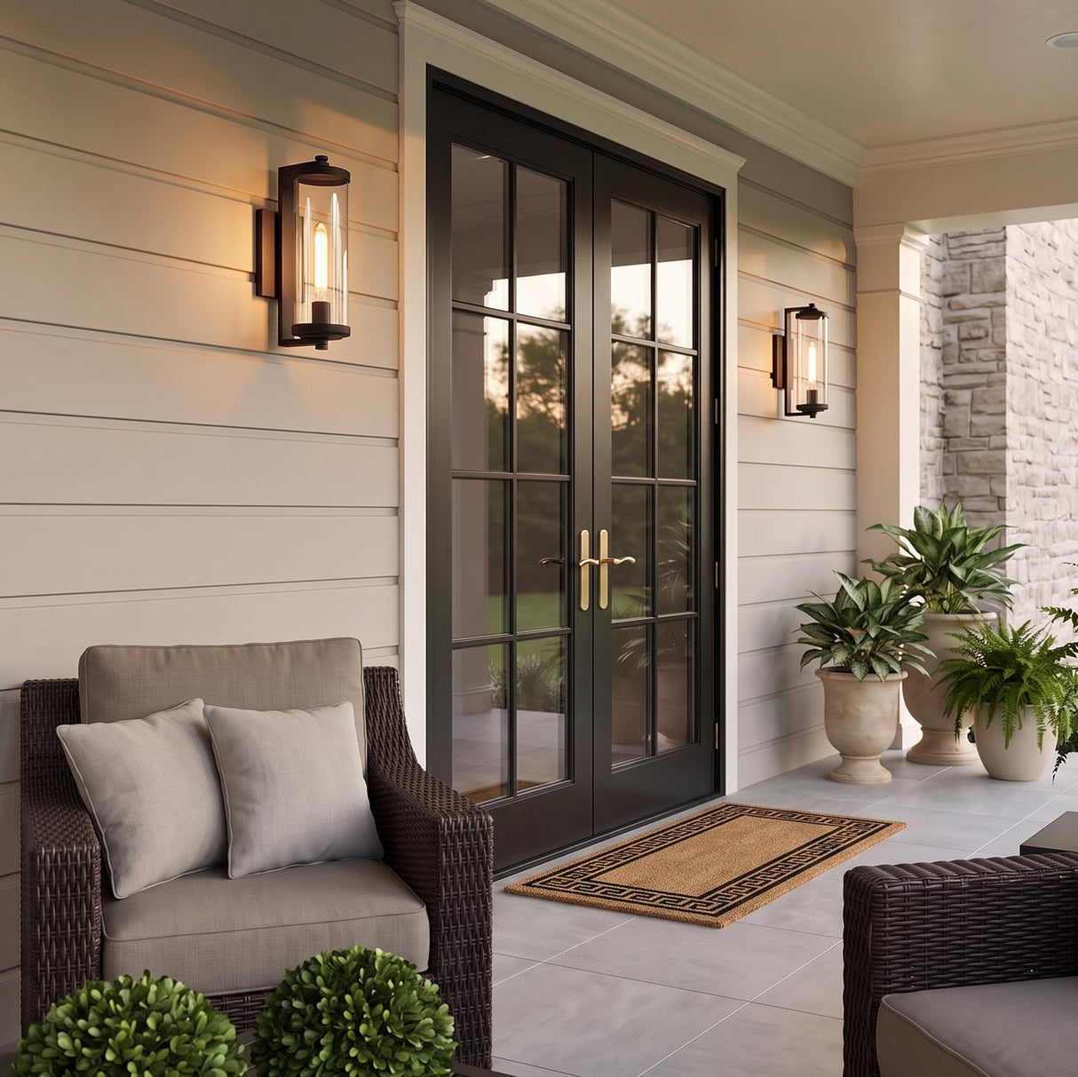 A modern farmhouse porch with two matte black Hamilton Outdoor Wall Light lanterns flanking black French doors on white siding at dusk with potted ferns.