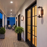 A modern farmhouse porch with the Hamilton Outdoor Wall Light, Matte Black wall lantern flanking glass doors on white stucco at twilight, featuring potted ferns.