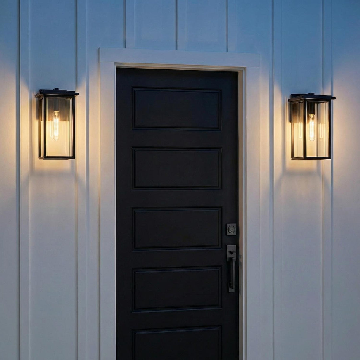 Colin Outdoor Wall Light, Medium Matte Black geometric Outdoor Wall Light in a Modern Farmhouse Outdoor with a black door and white siding