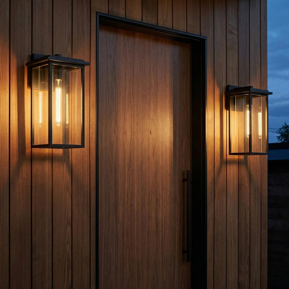 Colin Outdoor Wall Light, Large Matte Black geometric Outdoor Wall in a Modern Outdoor with vertical wood paneling and a wood door.