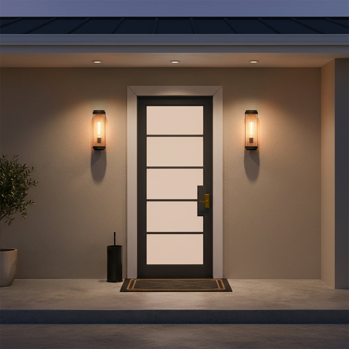 Bristol Outdoor Wall Light, Matte Black with Brass Accents - Two lights flank a black door with horizontal windows.