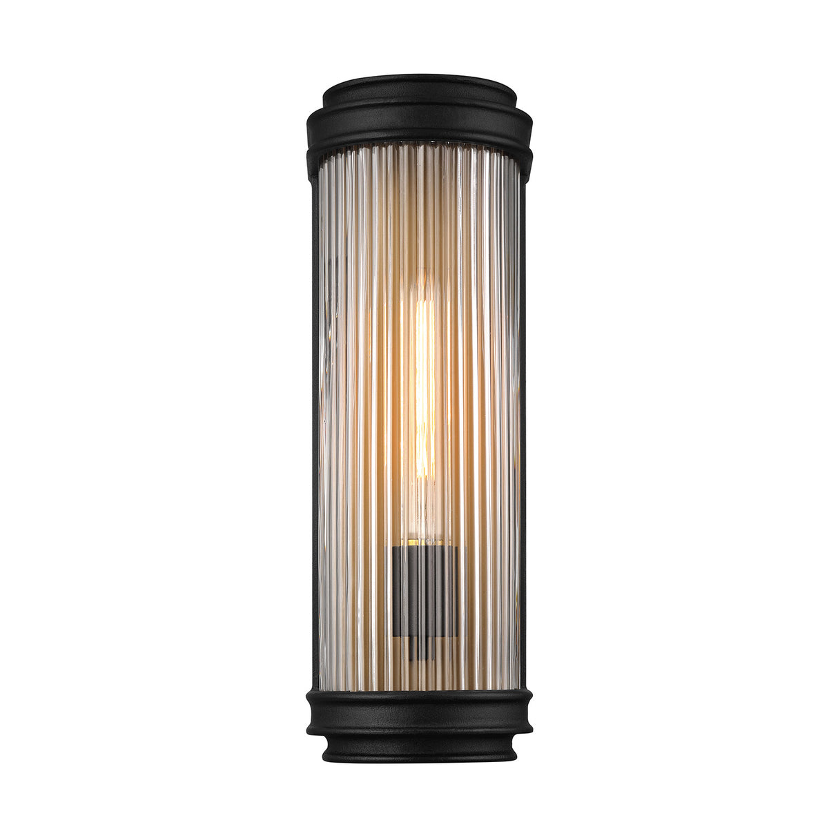 Bristol Outdoor 15" Wall Light, Reeded Glass Wall Sconce, Matte Black and Brass finish, front view