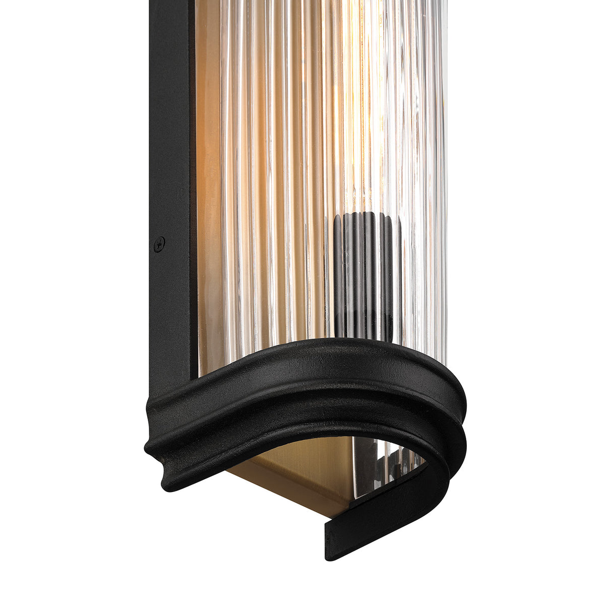 Bristol Outdoor 15" Wall Light, Reeded Glass Wall Sconce, Matte Black and Brass finish, open bottom detail