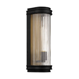 Bristol Outdoor 15" Wall Light, Reeded Glass Wall Sconce, Matte Black and Brass finish, three-quarter view light off