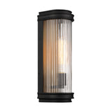 Bristol Outdoor 15" Wall Light, Reeded Glass Wall Sconce, Matte Black and Brass finish, three-quarter view