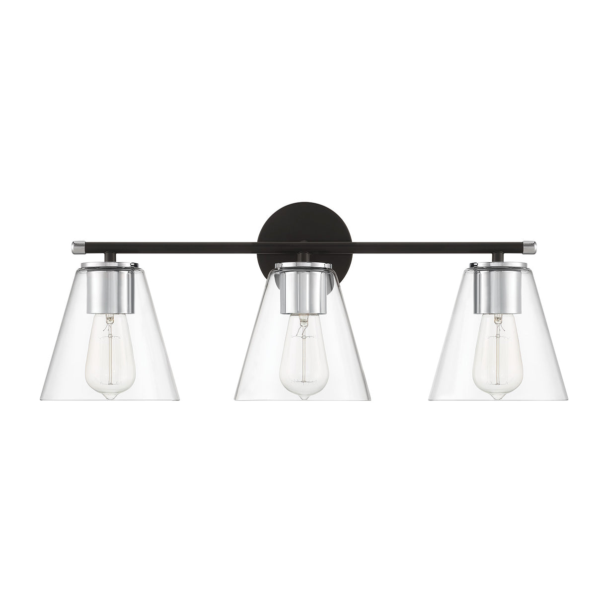 Carlisle 3 Light 24" Vanity, Matte Black and Chrome Finish, Clear Tapered Glass Shades, shown with lights off