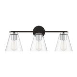 Carlisle 3 Light 24" Vanity, Matte Black and Chrome Finish, Clear Tapered Glass Shades, shown with lights off