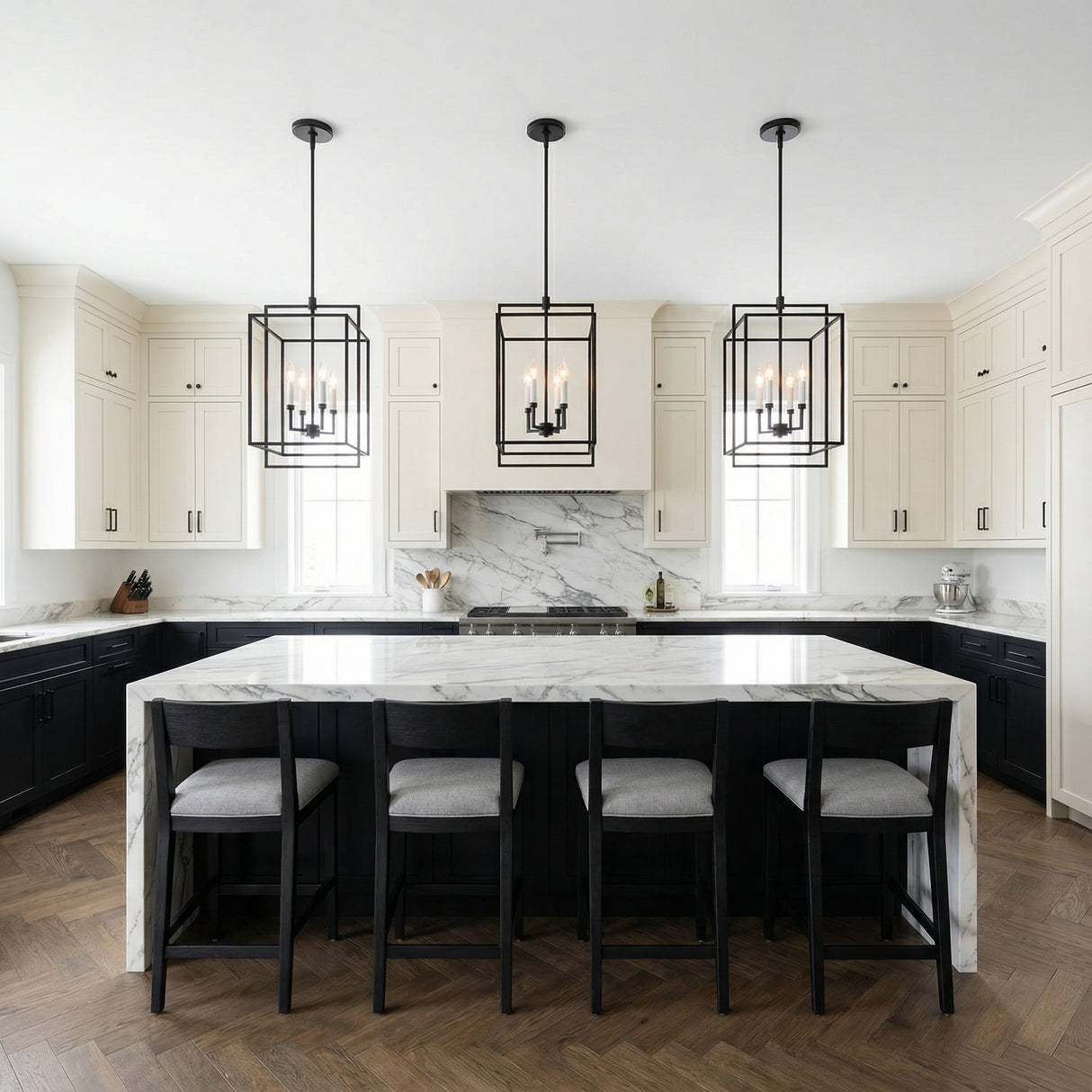 Noa 4 Light Pendant 13", Matte Black geometric Pendant in a Transitional Kitchen with a white marble island.