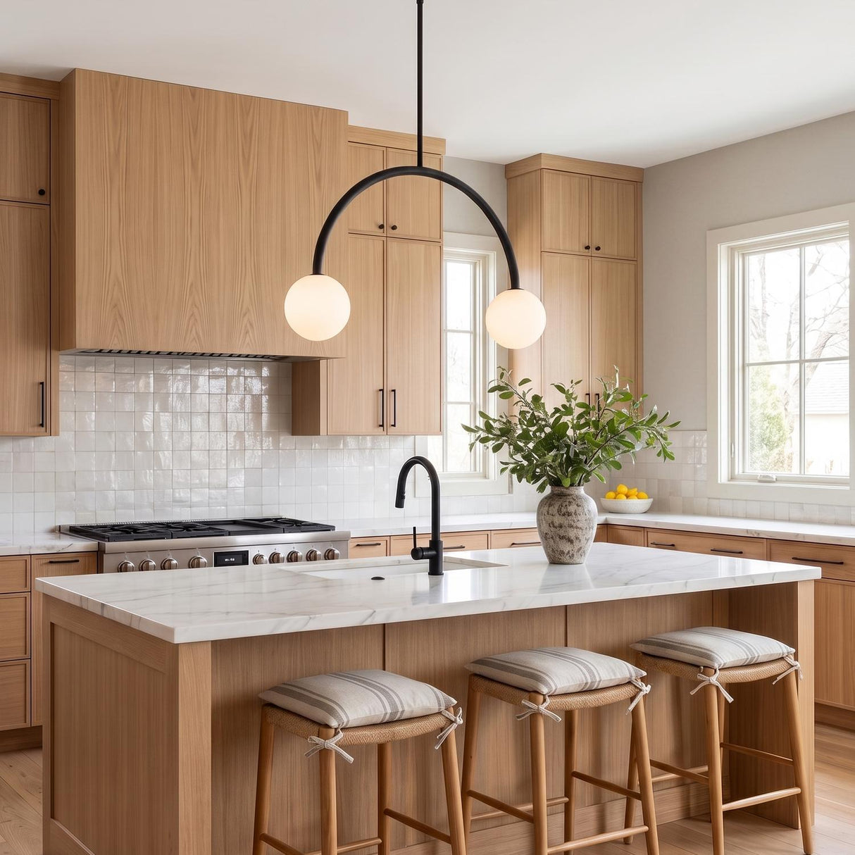 A modern farmhouse kitchen with the Risa 2 Globe Arc Pendant in matte black over a white marble island, light wood cabinets, and square tile backsplash.