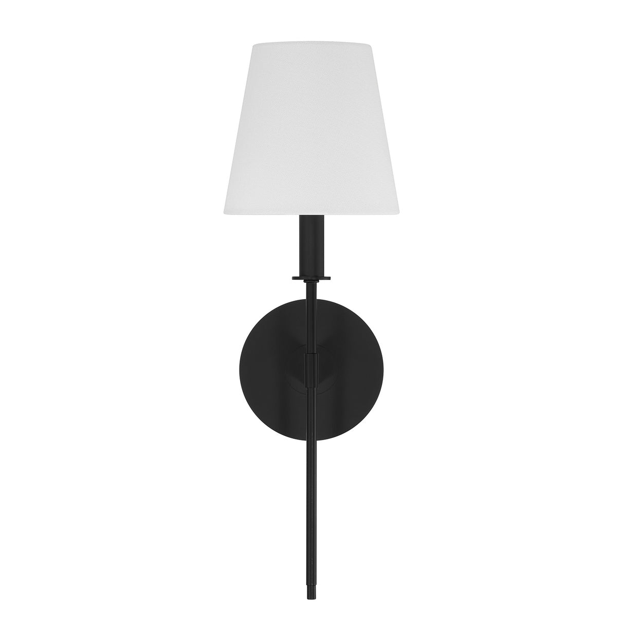 Taylor 19" Wall Sconce, Matte Black with White Fabric Shade, front view with light off

