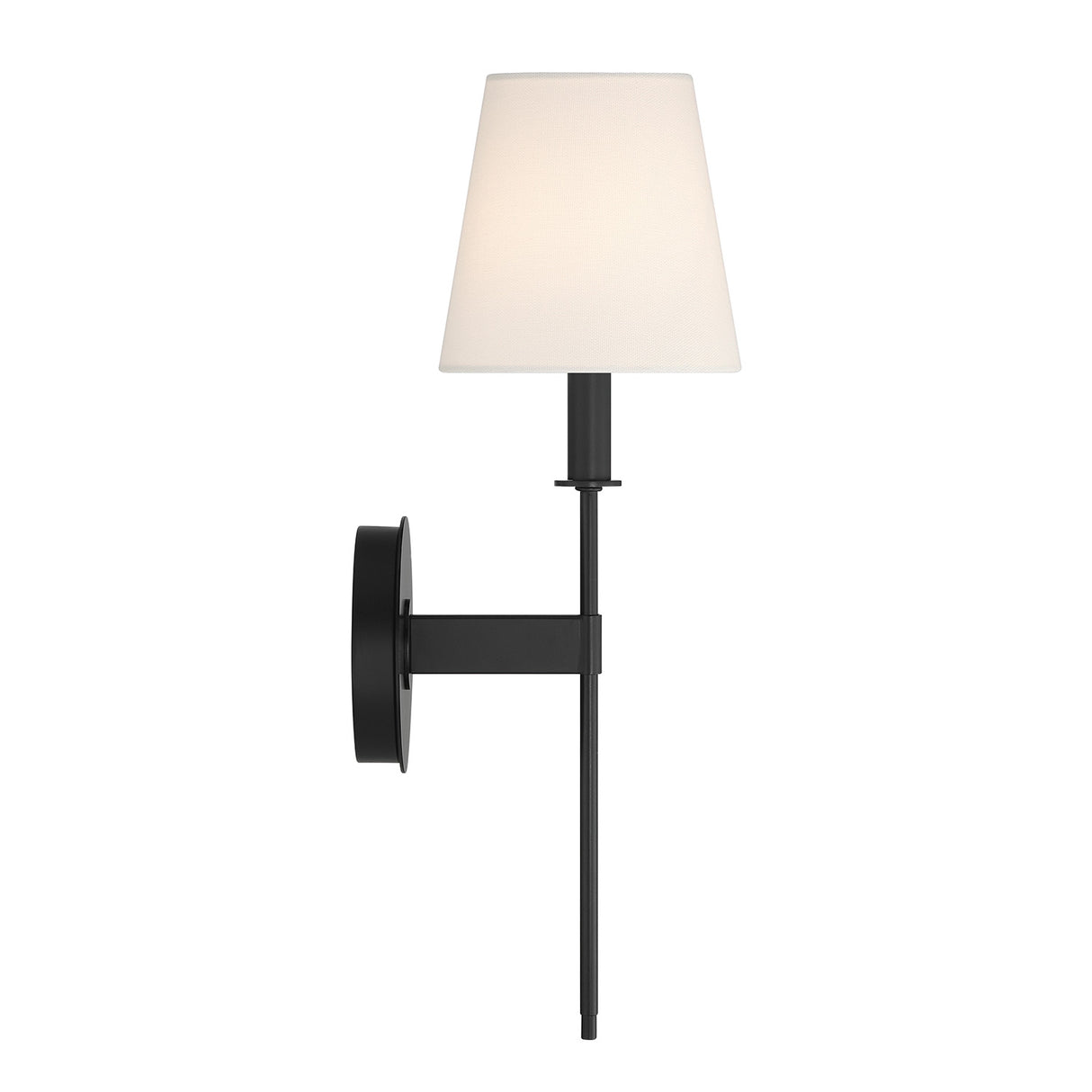 Taylor 19" Wall Sconce, Matte Black with White Fabric Shade, side view with light on

