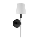 Taylor 19" Wall Sconce, Matte Black with White Fabric Shade, three-quarter view with light off

