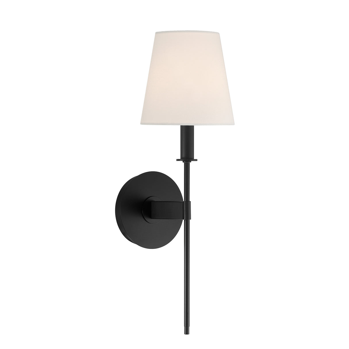 Taylor 19" Wall Sconce, Matte Black with White Fabric Shade, three-quarter view with light on

