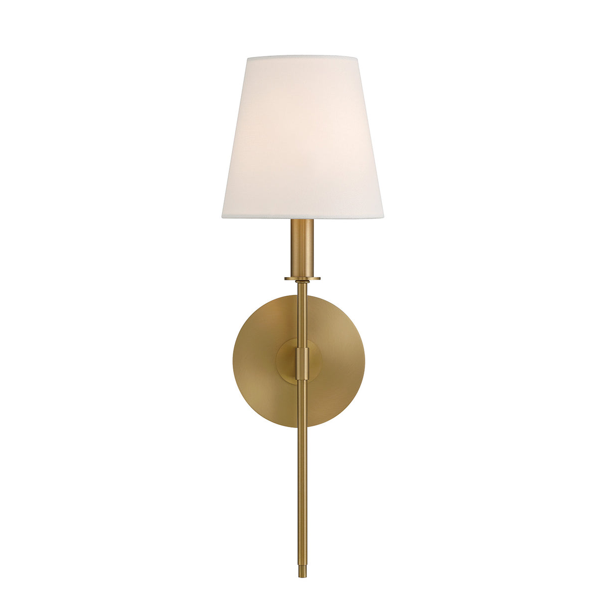 Taylor 19" Wall Sconce, Aged Brass with White Fabric Shade, front view with light on

