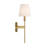 Taylor 19" Wall Sconce, Aged Brass with White Fabric Shade, side view with light on

